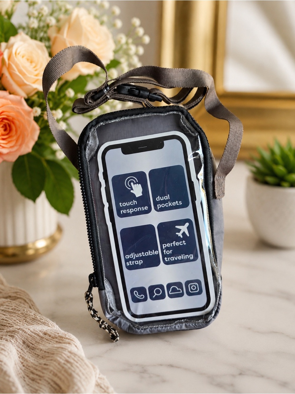 Gray Touchscreen Crossbody Phone Bag – Dual Pocket Travel Pouch
